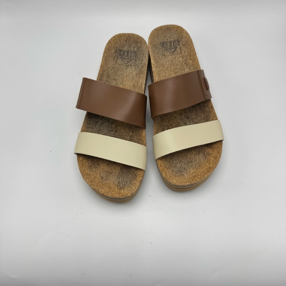Reef Cushion Vista Hi Slide Sandal Size 8 Brown Cream Platform Vegan Leather - Picture 4 of 8